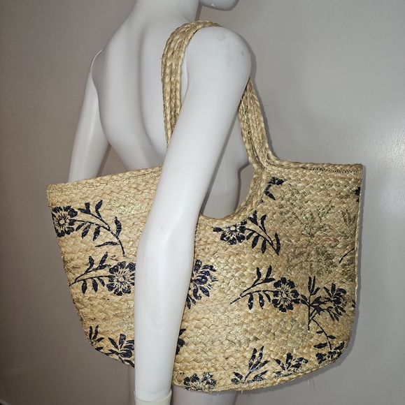 NEW Floral Woven Tote Bag - Natural, Blue And Gold Made In India - Picture 2 of 8